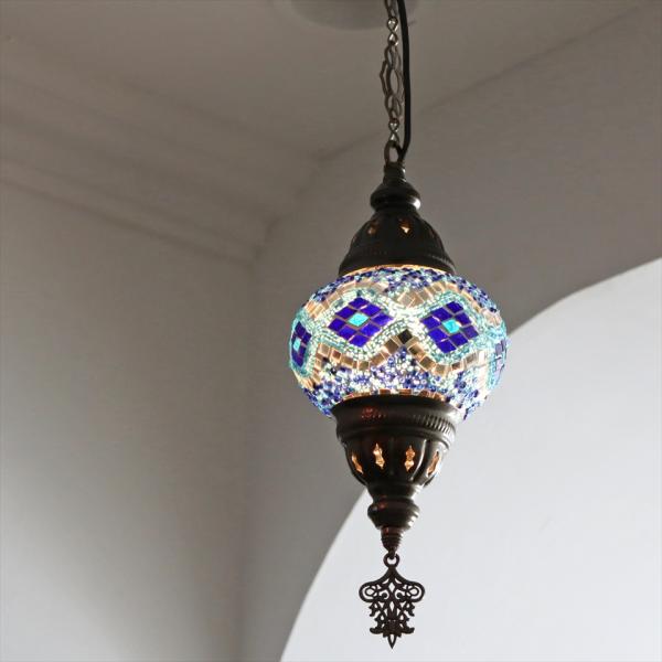 モザイクランプ トルコランプ 直径13cm 全高69cm ブルー/ひし形 ペンダントランプ
