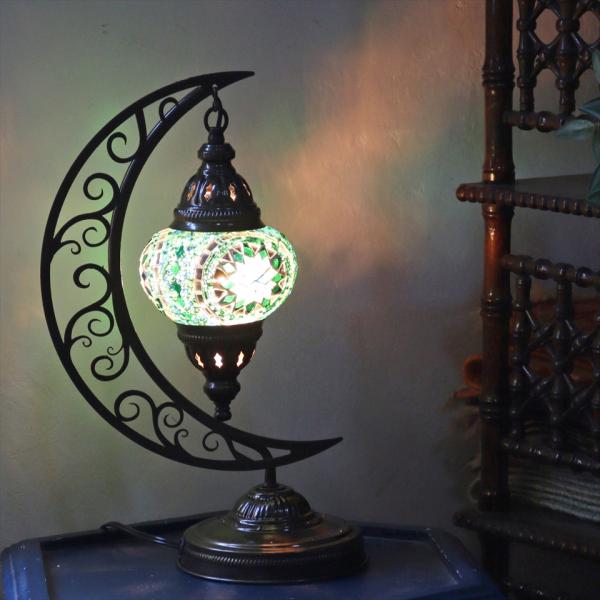 トルコランプ モザイクテーブルランプ クレッセントムーン 高さ41cm ブルー/グリーン