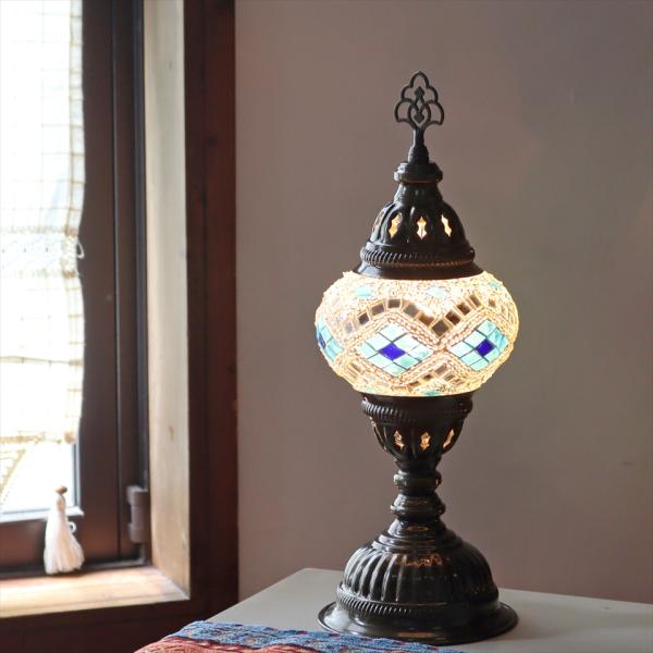 トルコランプ モザイクテーブルランプ 直径13cm 全高36cm ホワイト/ブルーアーガイル