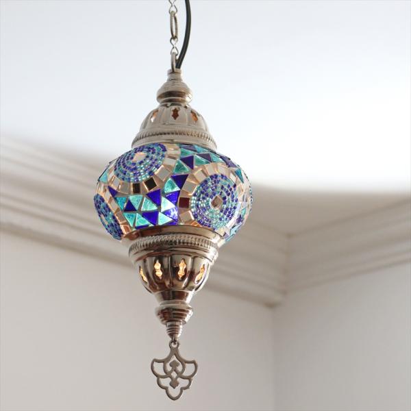 トルコランプ モザイクペンダントランプ 直径13cm 全高67cm ブルー シルバーカラーの灯具