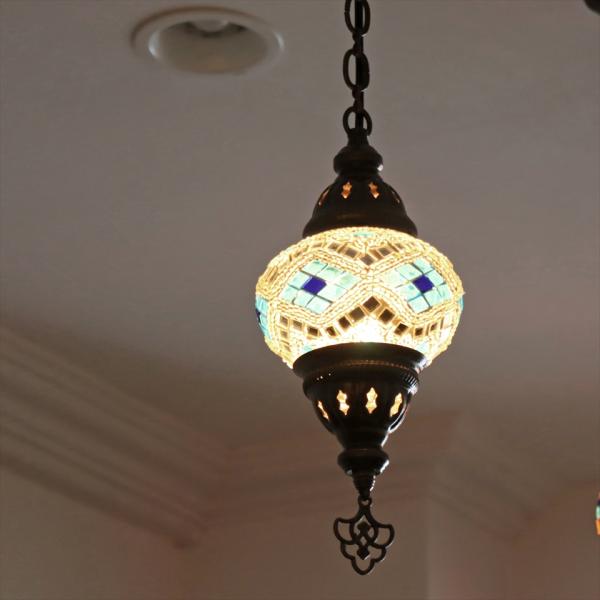 トルコランプ モザイクランプ 直径13cm 全高67cm ホワイト/ブルーアーガイル ペンダントライ...