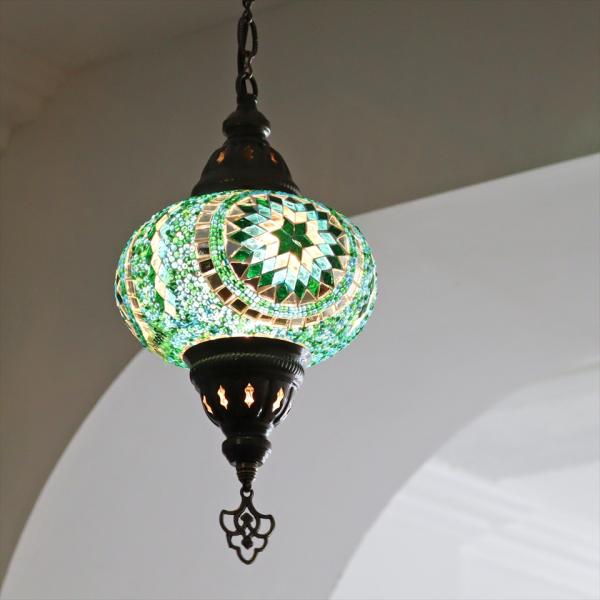 トルコランプ モザイクランプ ペンダントランプ 直径16cm H70cm ブルーグリーン