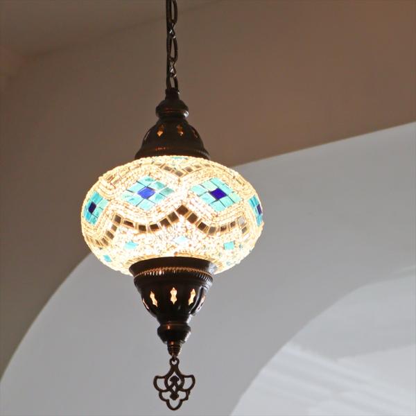トルコランプ モザイクランプ ペンダントランプ 直径16cm H70cm ホワイト/ブルーアーガイル
