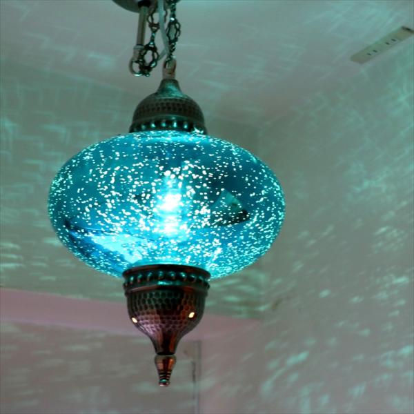 トルコランプ　アンティークフィニッシュ 直径24cm ビンテージミラーガラス 1灯ターコイズブルー