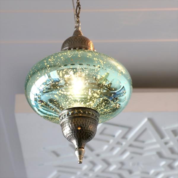 トルコランプ　アンティークフィニッシュ 直径24cm ビンテージミラーガラス 1灯ウォーターブルー