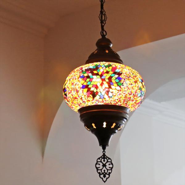 トルコ モザイクペンダントランプ 直径24cm 全高85cm ミックスカラー ペンダントライト