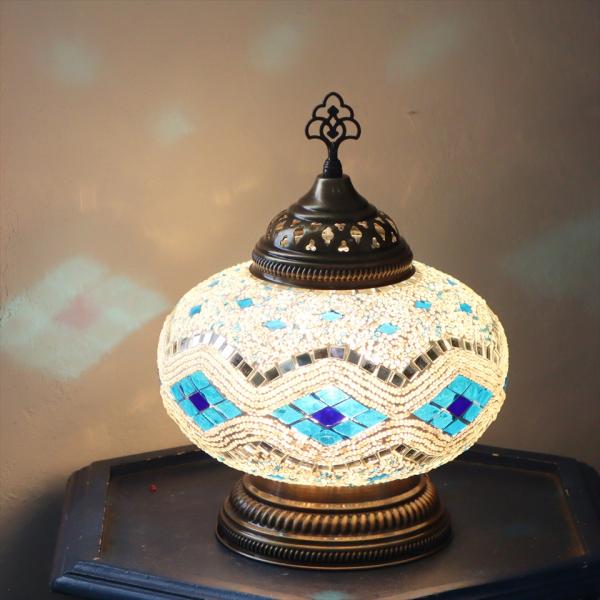 トルコランプ モザイクランプ テーブルランプ 全高32cm 直径24cm ホワイト/ブルーのひし形