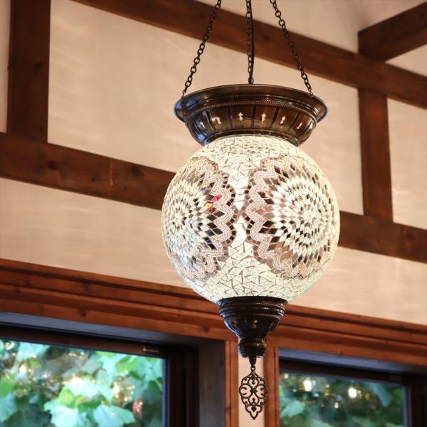 トルコランプ モザイクランプ 直径30cm 全高98cm ボール型 大型ペンダントランプ ホワイト