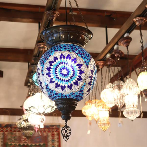 トルコランプ モザイクランプ 直径30cm 全高98cm ボール型 大型ペンダントランプ ブルー