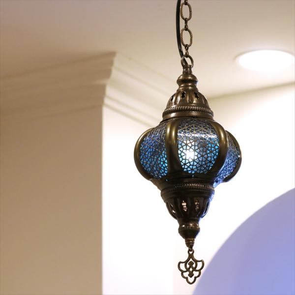 トルコランプ　６面セルチュクデザイン 直径14.5cm 全長64cm ブルー 15W白熱電球付