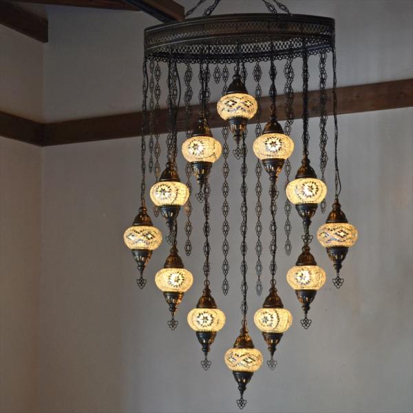 トルコランプ モザイクランプ モザイクガラスランプシャンデリア 12灯 ホワイト  【天井工事必要】