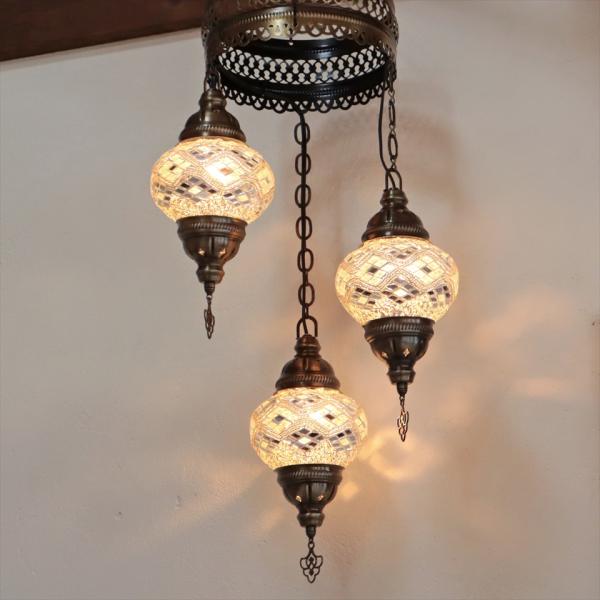 トルコランプ モザイクランプ シャンデリア 3灯 全高86cm 直径32cm ホワイト/ひし形