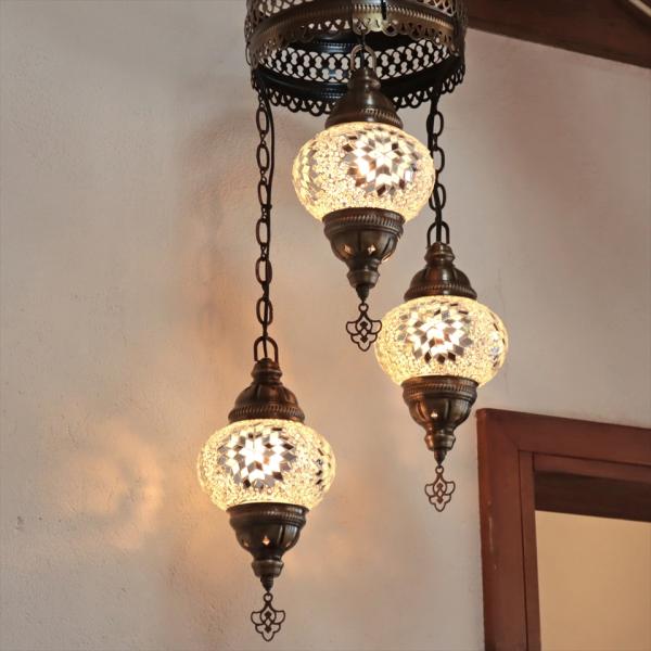 トルコランプ モザイクランプ シャンデリア 3灯 全高86cm 直径32cm ホワイト