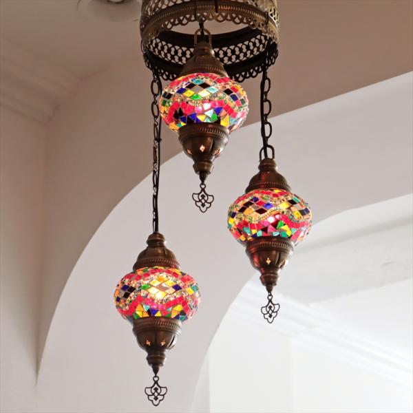 トルコランプ モザイクランプ シャンデリア 3灯 全高86cm 直径32cm カラフル