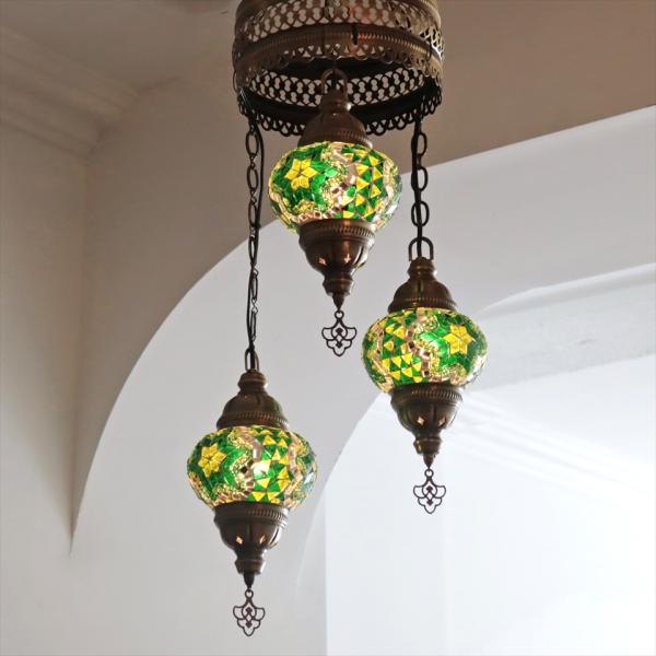 トルコランプ モザイクランプ シャンデリア 3灯 全高86cm 直径32cm グリーン