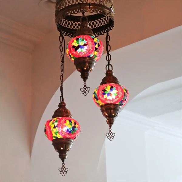 トルコランプ モザイクランプ シャンデリア 3灯 全高86cm 直径32cm レッド