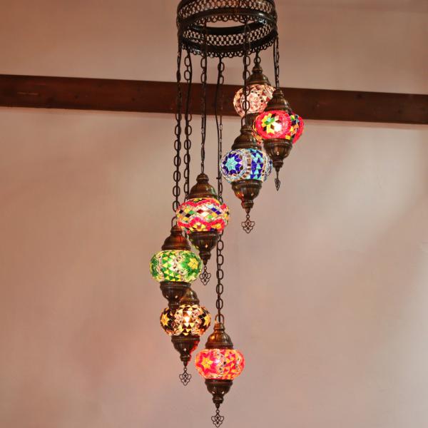 トルコランプ モザイクランプ シャンデリア 7灯 螺旋 全高126cm 直径38cm ミックスカラー...