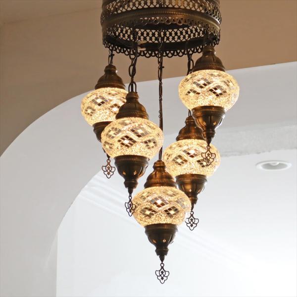 モザイクランプ トルコランプ シャンデリア 5灯 全高83cm 直径37cm ホワイト