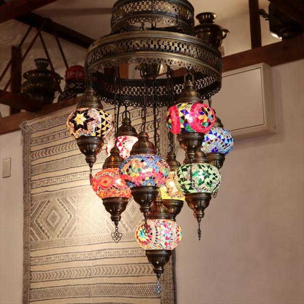 トルコランプ モザイクランプ シャンデリア 9灯 【天井工事必要】 全高106cm 直径52cm ミ...