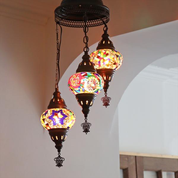 モザイクランプ トルコランプ シャンデリア 3灯 全高86cm 直径31cm ミックスカラー