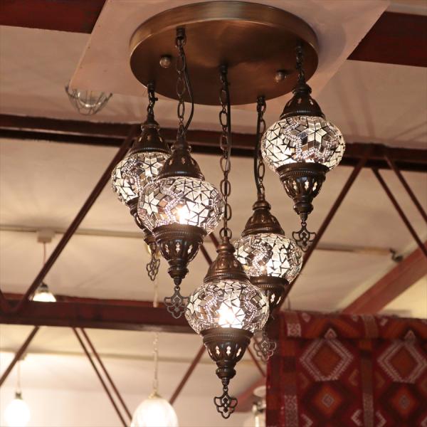 モザイクランプ トルコランプ シャンデリア 5灯 全高60cm 直径40cm ホワイト 【天井工事必...