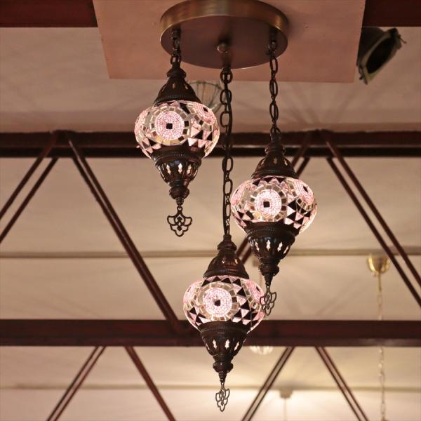 モザイクランプ トルコランプ シャンデリア 3灯 全高60cm 直径27cm パープル 【天井工事必...