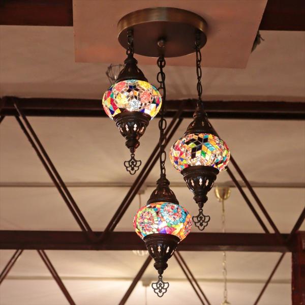 モザイクランプ トルコランプ シャンデリア 3灯 全高60cm 直径27cm カラフルミックス 【天...