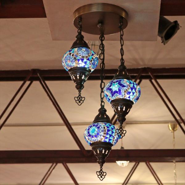 モザイクランプ トルコランプ シャンデリア 3灯 全高60cm 直径27cm ブルー 【天井工事必要...