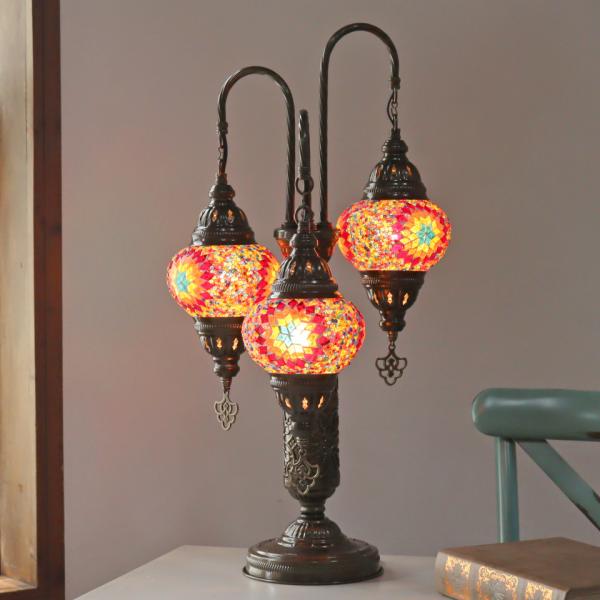 モザイクシャンデリアテーブルランプ 3灯 全高61cm カラフル E17 モザイクランプ トルコラン...