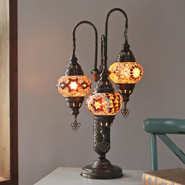 モザイクシャンデリアテーブルランプ 3灯 全高61cm アンバー E17 モザイクランプ トルコラン...