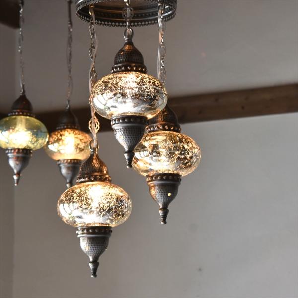 トルコランプ アンティークフィニッシュ 3灯シャンデリア螺旋/ガラスランプシルバー E17 15W　...