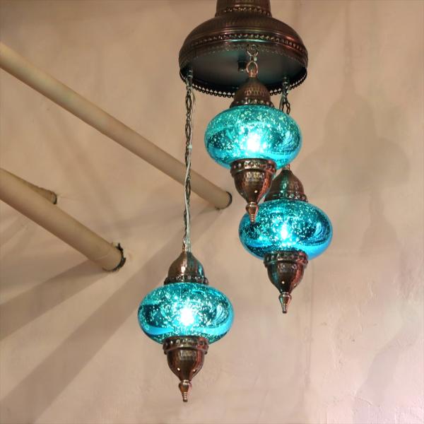 トルコランプ アンティークフィニッシュ 3灯シャンデリア螺旋/ガラスランプターコイズ E17 15W...