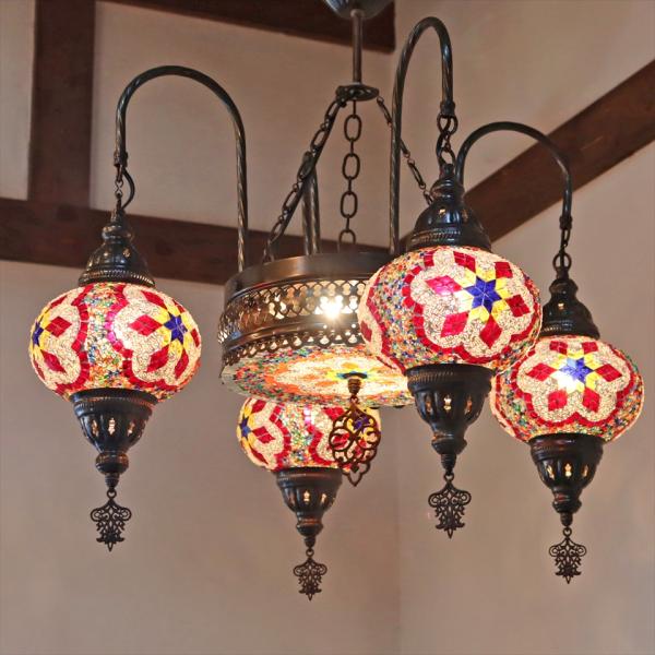 トルコランプ モザイクガラスランプシャンデリア　4灯 直径62cm 高さ63cm レッドフラワー E...