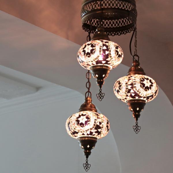 モザイクランプ トルコランプ シャンデリア 3灯 大きめのガラス 全高88cm 直径34cm パープ...