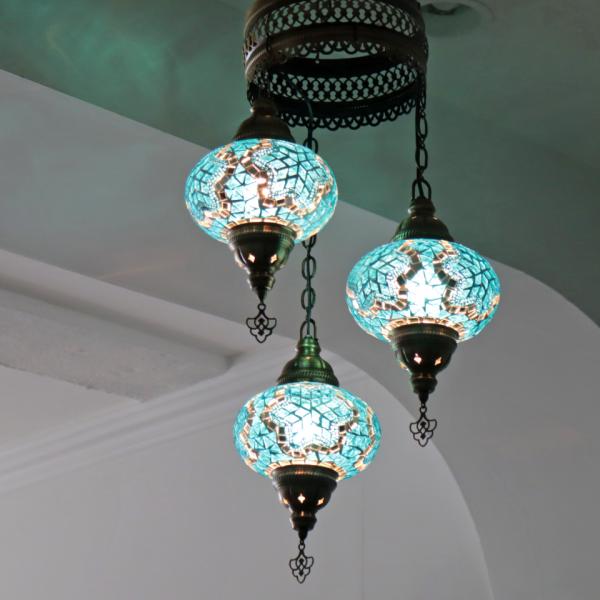 モザイクランプ トルコランプ シャンデリア 3灯 大きめのガラス 全高88cm 直径34cm ブルー...