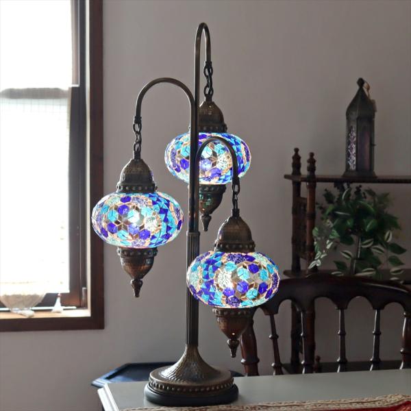 トルコランプ モザイクランプ テーブルシャンデリア 3灯 全高69cm 直径36cm ブルー