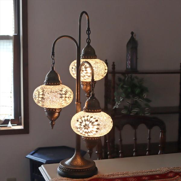 トルコランプ モザイクランプ テーブルシャンデリア 3灯 全高69cm 直径36cm ホワイト