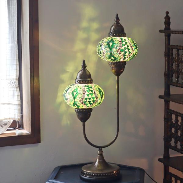 トルコランプ モザイクランプ スタンドランプ 2灯 全高67cm グリーン