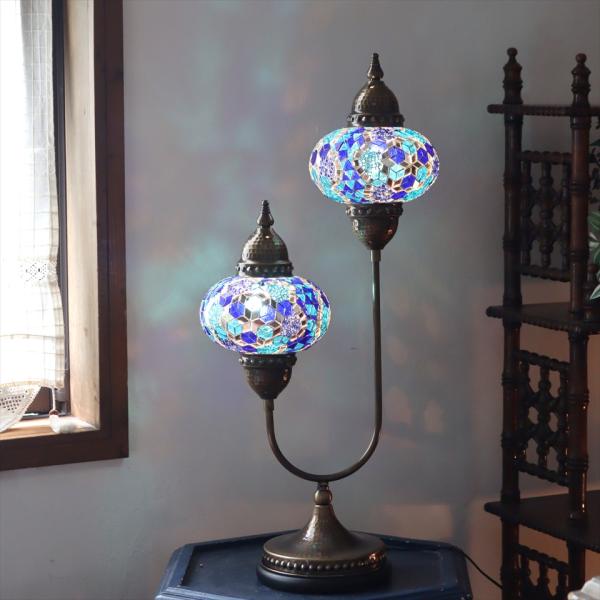 トルコランプ モザイクランプ スタンドランプ 2灯 全高67cm ブルー