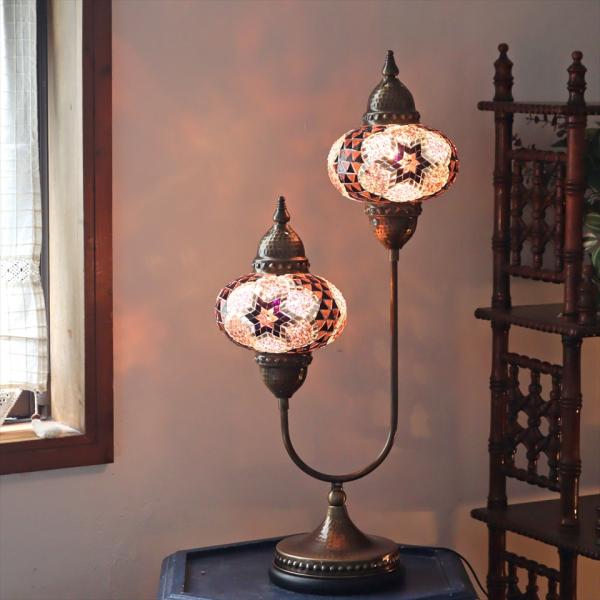 トルコランプ モザイクランプ スタンドランプ 2灯 全高67cm パープル