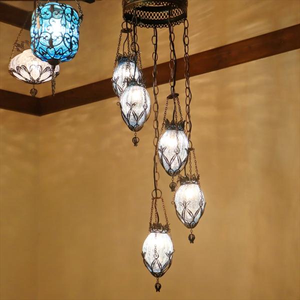 トルコランプ テルキャリ細工＆クラックガラスシャンデリア ナツメ 　15W×5灯 ブルー螺旋型