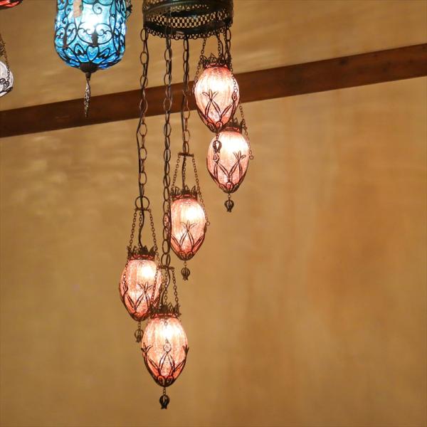 トルコランプ テルキャリ細工＆クラックガラスシャンデリア ナツメ/5灯 ピンク螺旋型
