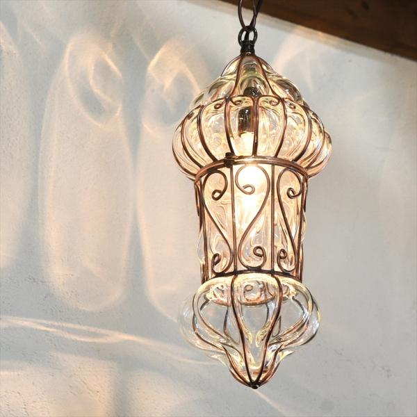 トルコランプ/ガラスペンダントランプ アイアンワークランプ 直径15cm/地中海スタイル　クリア　E...