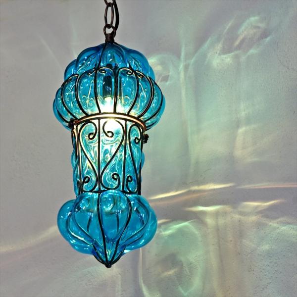トルコランプ/ガラスペンダントランプ アイアンワークランプ 直径15cm 全長67cm/地中海スタイ...