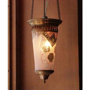 アンティークガラスのトルコランプ フロストピンク/フラワーペイント/引っ掛けシーリング用パーツ別売り