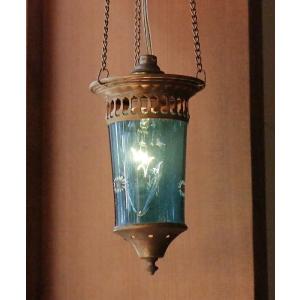 アンティークガラスのトルコランプ フラワーペインティグ/クリアブルー/引っ掛けシーリング用パーツ別売...