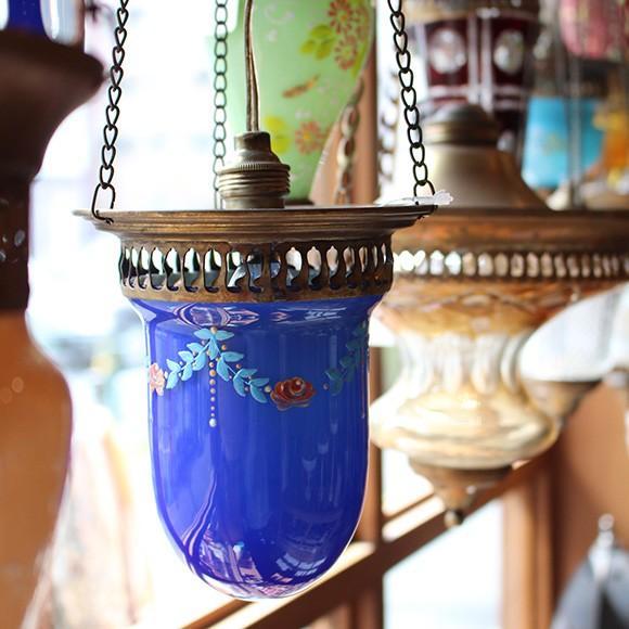 アンティークガラスのトルコランプ フラワーペイント/ブルー 灯具別売り