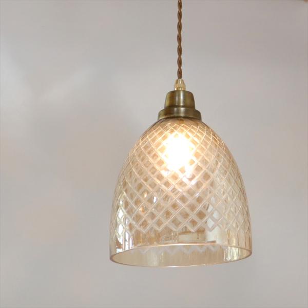 ガラスシェード ガラスペンダントランプ 1灯ラティス ゴールドラスター　切子　格子 コロニアル様式　...