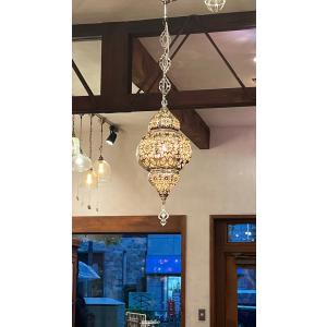 メタルシェード　ランタン　シルバー ８面幾何学文様　ペンダントライト