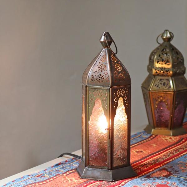 モロッコランタン テーブルランプ ミフラープデザイン リラ 6面のレリーフガラス 電球ソケット 中間...